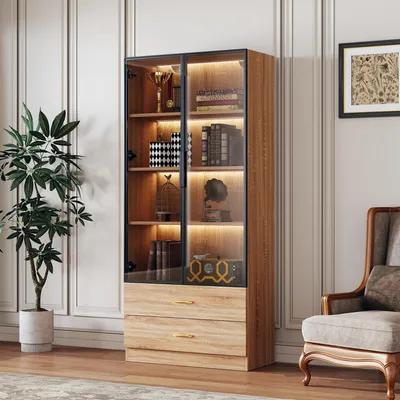 Produktbild von STILVORA Vitrine mit LED-Lichtleiste,Hochschrank mit 2 großen Schubladen und 2 Glastüren,Badezimmerschrank mit Ablagefächer,Braun