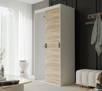 Produktbild von Schiebetürenschrank Kleiderschrank LUNA 100 cm mit Regalen und Kleiderstangen Schrank Garderobe Weiß Sonoma silberne Griffe