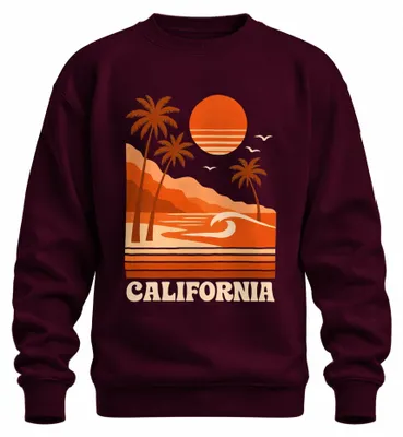 Zdjęcie produktu dla Bluza z kapturem w stylu retro, motyw: palmy, zachód słońca, surfing, zachodnie wybrzeże, kolor: burgundowy, rozmiar: M