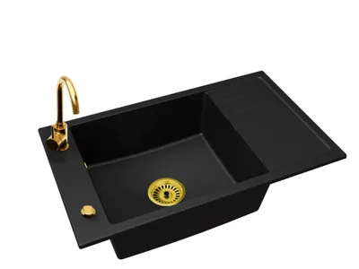 Produktbild von Küchenspüle Einbecken LUIS mit Abtropffläche + Automatik Siphon + Armatur BETA Gold