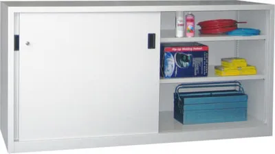Produktbild von Schiebetürenschrank - Vollblechtüren - 1.000x2.000x500 mm (HxBxT) - 4 Böden, gepulvert - Zylinderschloss - lichtgrau/feuerrot