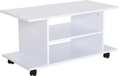 Image de HOMCOM Meuble TV avec roulettes pivotantes, banc TV en bois avec étagères, support télé pour télévision jusqu'à 42 pouces, style contemporain pour salon chambre et bureau, 80 x 40 x 40 cm, blanc