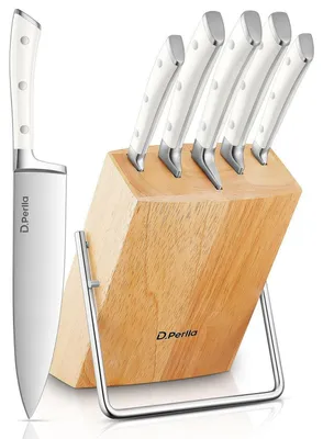 Immagine prodotto di Set di coltelli da cucina da 6 pezzi con base in legno, acciaio inossidabile ad alto contenuto di carbonio, colore bianco