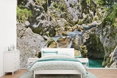 Produktbild von MuchoWow® Fototapete für Wohnzimmer oder Schlafzimmer Wandtapete Vinyl Motivtapete Fluss Soca und Kalksteinfelsen im Triglav-Nationalpark in Slowenien - 330x220 cm - Fototapeten