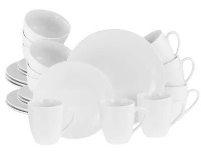 A collection of white ceramic dishes and cups arranged on a white background.