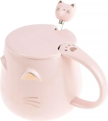 Immagine prodotto di Tazza termica a forma di gatto con coperchio e cucchiaino, rosa, 350 ml, per bambini