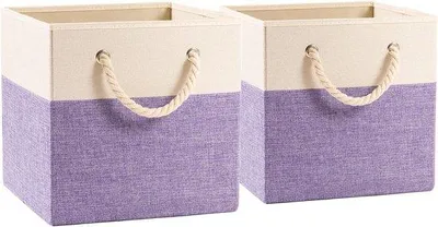 Productafbeelding van Opvouwbare opbergdozen - 33 x 33 cm - Set van 2 - met katoenen handgrepen - paars - duurzaam materiaal - ideaal voor kleding, speelgoed en meer