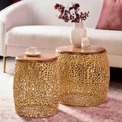 Produktbild von Extravagantes 2er Set Couchtisch RIXOS gold Metall Akazie