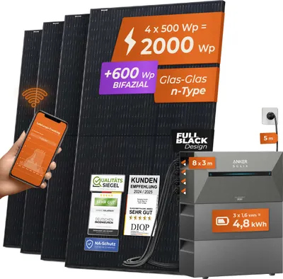 Produktbild von Solarway® All In One Balkonkraftwerk mit Anker Speicher 2000W komplett Steckdose - 4,8 kWh Anker Solix 2 PRO Speicher - Flachdach Halterung