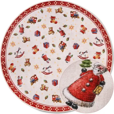 A round rug with a Christmas-themed pattern of toys and Santa Claus.