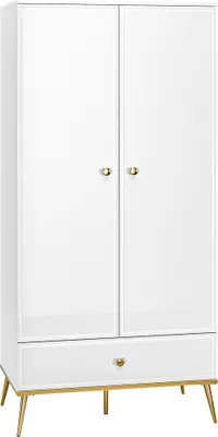 Produktbild von Kleiderschrank Garderobenschrank weiß Hochglanz mit 1 Kleiderstange GUBIN-131 Griffe und Füße goldfarben, B/H/T: ca. 92/190/53 cm