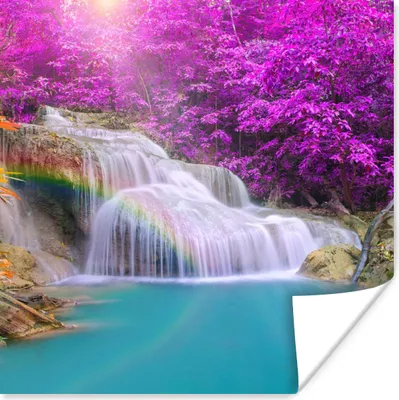 Produktbild von MuchoWow® Poster Wasserfall - Bäume - Regenbogen - Lila 50x50 cm - Wohnzimmerdekoration