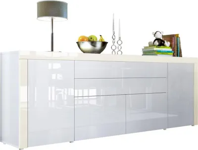 Produktbild von Vladon Sideboard La Paz V2,  Germany, Kommode mit 2 Türen, 2 Schubkästen und 2 Klappen, Weiß Hochglanz/Weiß Hochglanz/Creme Hochglanz (200 x 72 x 35 cm)