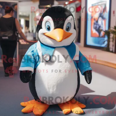 Produktbild von Pinguin-Maskottchen-Kostüm REDBROKOLY bekleidet mit T-Shirt mit V-Ausschnitt und Ringen