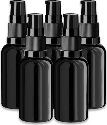 Produktbild von 5x Schwarze Glasflasche 30 ml mit schwarzer Pumpe Dispenserpumpe DIN18