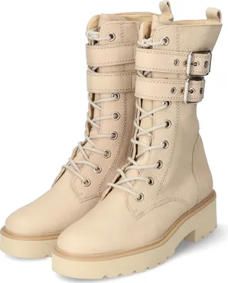 A pair of beige lace-up boots with buckle straps, shown from a front-diagonal view against a white background.