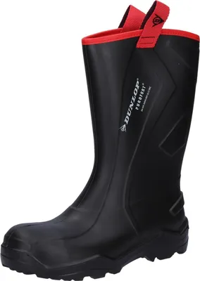 A black Dunlop Purofort+ boot with red trim and pull tabs.