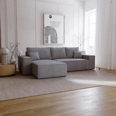 Image de Canapé d'angle avec fonction sommeil Bergamo L - Canapé 275 cm avec coffre de lit - gauche, Canapé d'angle en L, Canapé-lit, Tissu velours côtelé Gris (Poso 115)