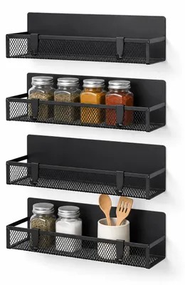Immagine prodotto di Relaxdays, set di 4 mensole magnetiche per spezie, 2 dimensioni, metallo, 8 ganci, mensole magnetiche per frigorifero, porta spezie, colore nero, Immagine generata dall'IA