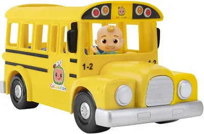 A toy school bus with a CoComelon character driving it.