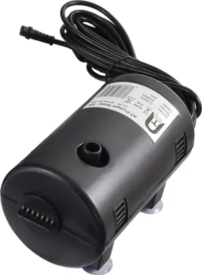 A black submersible pump with a power cord and a label is shown against a white background.