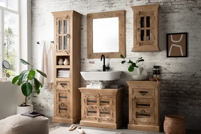 Immagine prodotto di Set da bagno SIT in 5 pezzi in legno di mango naturale | 1 mobile alto, 1 mobile basso, 1 specchio, 1 mobiletto, 1 pensile | L 44 x P 35 x A 188 cm | 18005-01 | Serie DAIPUR