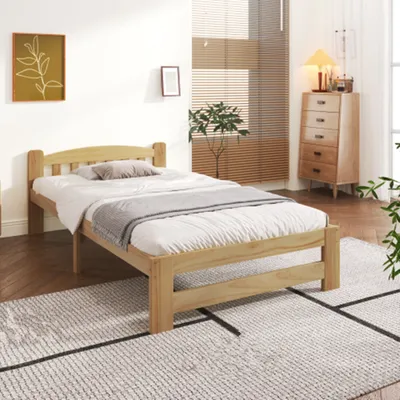 Produktbild von Massivholzbett Futonbett, Einzelbett, Massivholz Natur Bett mit Kopfteil und Lattenroste, Jugendbett 90x200 cm