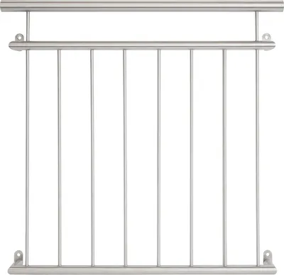 A stainless steel balcony railing against a white background.