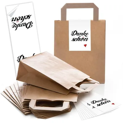 Produktbild von Logbuch-Verlag 10 Henkteltaschen aus Kraftpapier braun + 10 Vintage Aufkleber grün beschriftbar Gastgeschenk Mitgebsel Geschenktüte Hochzeit Vintagedeko natürlich"Dankeschön" rot weiß schwarz / 50 Stück