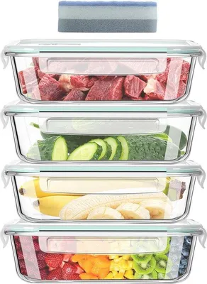 Zdjęcie produktu dla Zestaw 4 szklanych misek do mikrofalówki z pokrywkami i gąbką do czyszczenia – ekologiczne pojemniki na żywność do mikrofalówki, zamrażarki i zmywarki