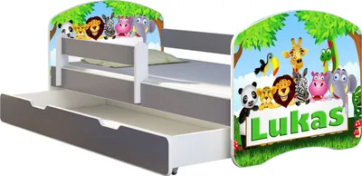 Produktbild von ACMA Jugendbett Kinderbett Junior-Bett Komplett-Set mit Matratze Lattenrost und Rausfallschutz Grau 01 Zoo Name 160x80 + Bettkasten