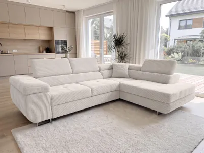 Produktbild von AX LIVING Konak Cord-Ecksofa R Cremeweiß 276 cm breit mit Bettkasten & Kopfstützen