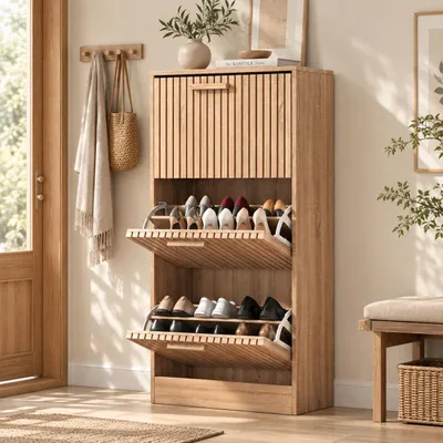 Imagen del producto de Armario para zapatos BPKADHY con puertas abatibles, 60x24x113 cm, diseño que imita el ratán, estrecho armario para pasillos para el almacenamiento de zapatos, diseño moderno