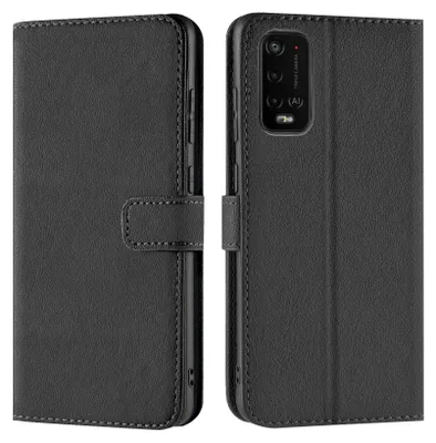 A black book-style phone case is shown from the front and back.