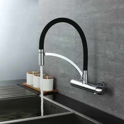 Produktbild von Wasserhahn Küche Wandmontage Schwarz,180° drehbar Silikon in Lebensmittelqualität Wand Küchenarmatur 342 mm, Wandarmatur Flexibel Ausziehbarer, Spültischarmatur für Küche Messing