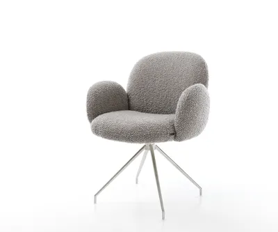 Produktbild von DELIFE Drehstuhl Nube-Flex mit Armlehnen Bouclé Silbergrau Kreuzgestell konisch Edelstahl 180° drehbar Taschenfederkern
