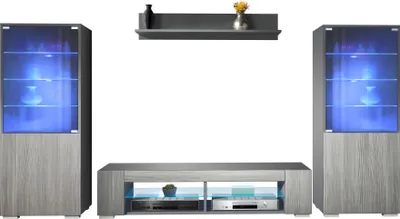 Produktbild von Vladon Wohnwand Nevada V2, Anbauwand bestehend aus 2 Vitrinen, 1 TV-Board und 1 Wandregal Anthrazit matt/Avola-Anthrazit inkl. LED Beleuchtung (304,5 x 141 x 39 cm)