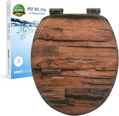 Produktbild von sanicomfort WC Sitz Rustik, MDF Holzkern, mit Absenkautomatik, Toilettensitz mit Klodecken, Klobrille und Deckel, verchromte Metallscharniere, einfache Montage