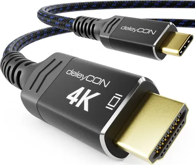 Produktbild von deleyCON 1,5m 4K USB-C auf HDMI Kabel - 4K@60Hz 2K@120Hz mit Aluminiumstecker & Nylonkabel Kompatibel mit Thunderbolt 3/4 Handy Smartphone Tablet PC Computer uvm. - Schwarz Blau