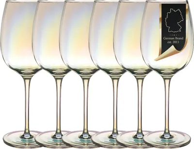 Produktbild von Intirilife 6x Wein Glas mit Regenbogen Schimmer und Wellenform - 440 ml Füllmenge - Weißwein Rotwein Glas Kelch Spülmaschinenfest Kristallglas stoßfest