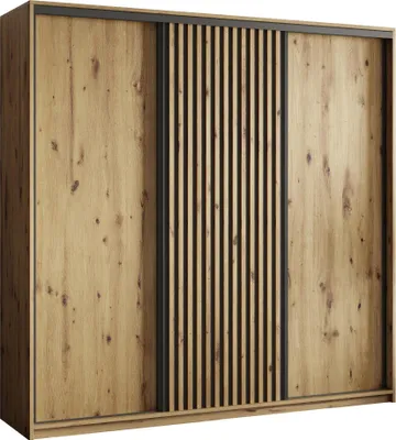 Produktbild von Masseno Schiebetürenschrank VONTE 180/205/60 cm Kleiderschrank mit Lamellen und Schubladen Schlafzimmer Schrank 3-türig Eiche Artisan + Schwarz