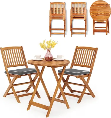 Produktbild von KOMFOTTEU 3 TLG. Balkonset klappbar, Balkonmöbel Set aus Akazie Holz, Gartenmöbel-Set mit 1 Klapptisch & 2 Klappstühlen, Bistroset mit Kissen, Sitzgarnitur für Balkon Garten (Grau Kissen)