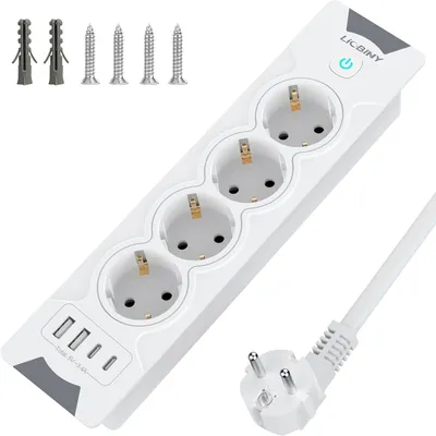 Imagen del producto de Enchufe de pared con toma USB-C (integrado) - Regleta múltiple de 4 enchufes - Enchufe retráctil - 3680 W - 16 A