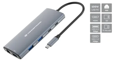 Produktbild von Conceptronic DONN06G 10-in-1 USB 3.2 Gen 1 Dockingstation, HDMI, 100W USB PD, USB-C 5Gbps x 2, USB-A 5Gbps x 3, SD, TF/MicroSD, GbE