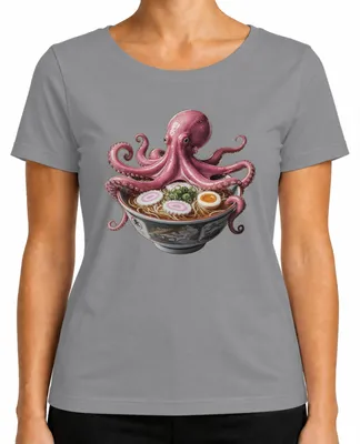 Zdjęcie produktu dla T-shirt damski, kolor szary, rozmiar M. Motyw: Ramen Krake Oktopus, japońska zupa noodle, anime, kawaii, styl Y2K, manga, motyw kulinarny