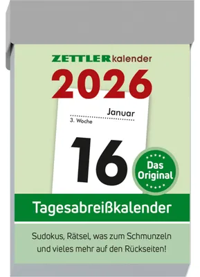 Produktbild von Zettler Tagesabreißkalender S 2026 – Abreißkalender 4 × 6 cm, 1 Tag pro Seite mit Sudoku, Rezepten, Rätseln & Tipps auf den Rückseiten,zertifizie