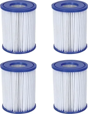 Four identical white and blue cylindrical water filters are arranged in a two-by-two grid against a white background.