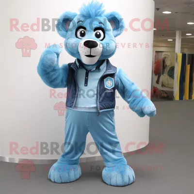 Produktbild von Himmelblauer REDBROKOLY Löwe Maskottchen Kostüm charakter bekleidet mit Latzhose und Schal-Clips