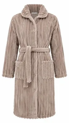 Productafbeelding van Unyqoos® Fleece badjas voor dames, met knoopsluiting en riem, zacht en warm, 112 cm lang, met 2 opgestikte zakken – Taupe, maat S