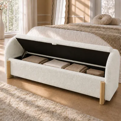 Immagine prodotto di Panca imbottita con vano contenitore idraulico, panca imbottita con gambe in legno a forma di "U", panca baule con sistema di chiusura ammortizzata, panca contenitore, dimensioni 146x47x61 cm, colore bianco